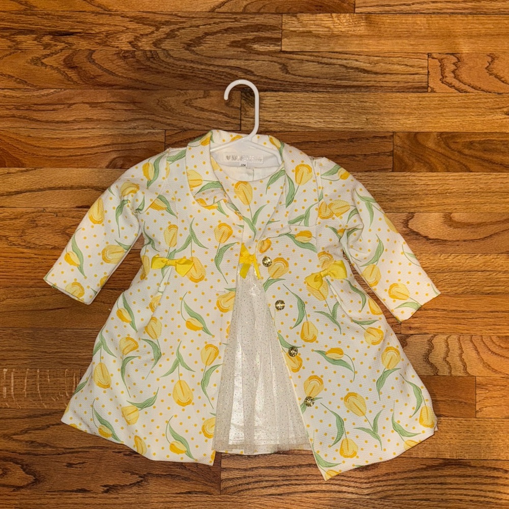 Floral Nannette Yellow and White Baby‎ Dress with button jacket size 12M